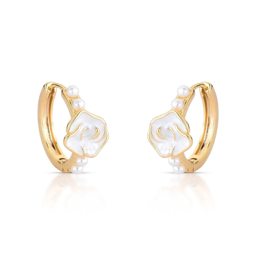 Brinco Argola Rosa Esmaltada White com Pérola Shell