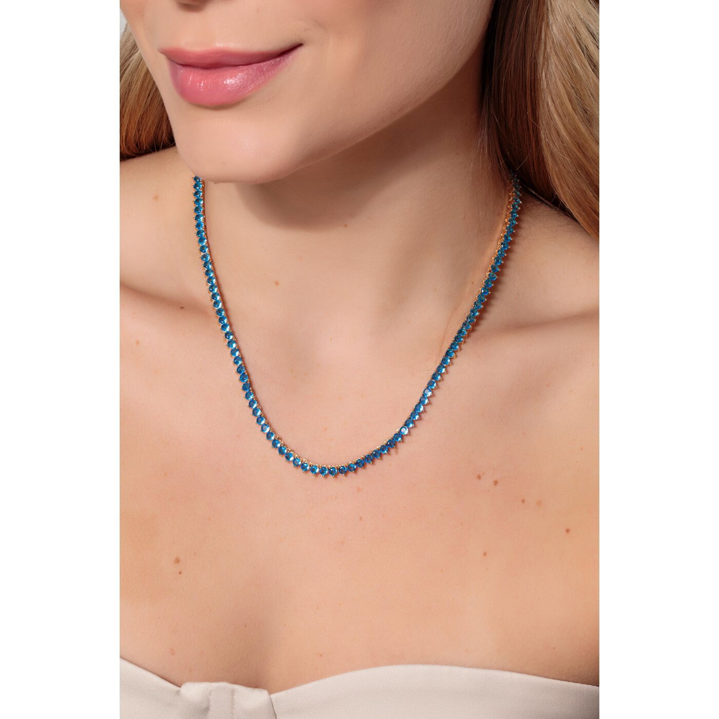 Colar Riviera Azul Safira  3mm Três Garras 43cm Banho Ouro 18k