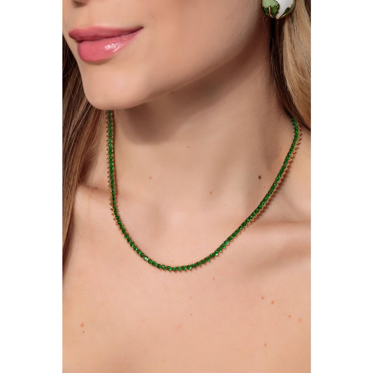 Colar Riviera Esmeralda - 3mm Três Garras 43cm Banho Ouro 18k