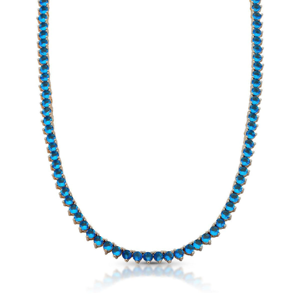Colar Riviera Azul Safira  3mm Três Garras 43cm Banho Ouro 18k
