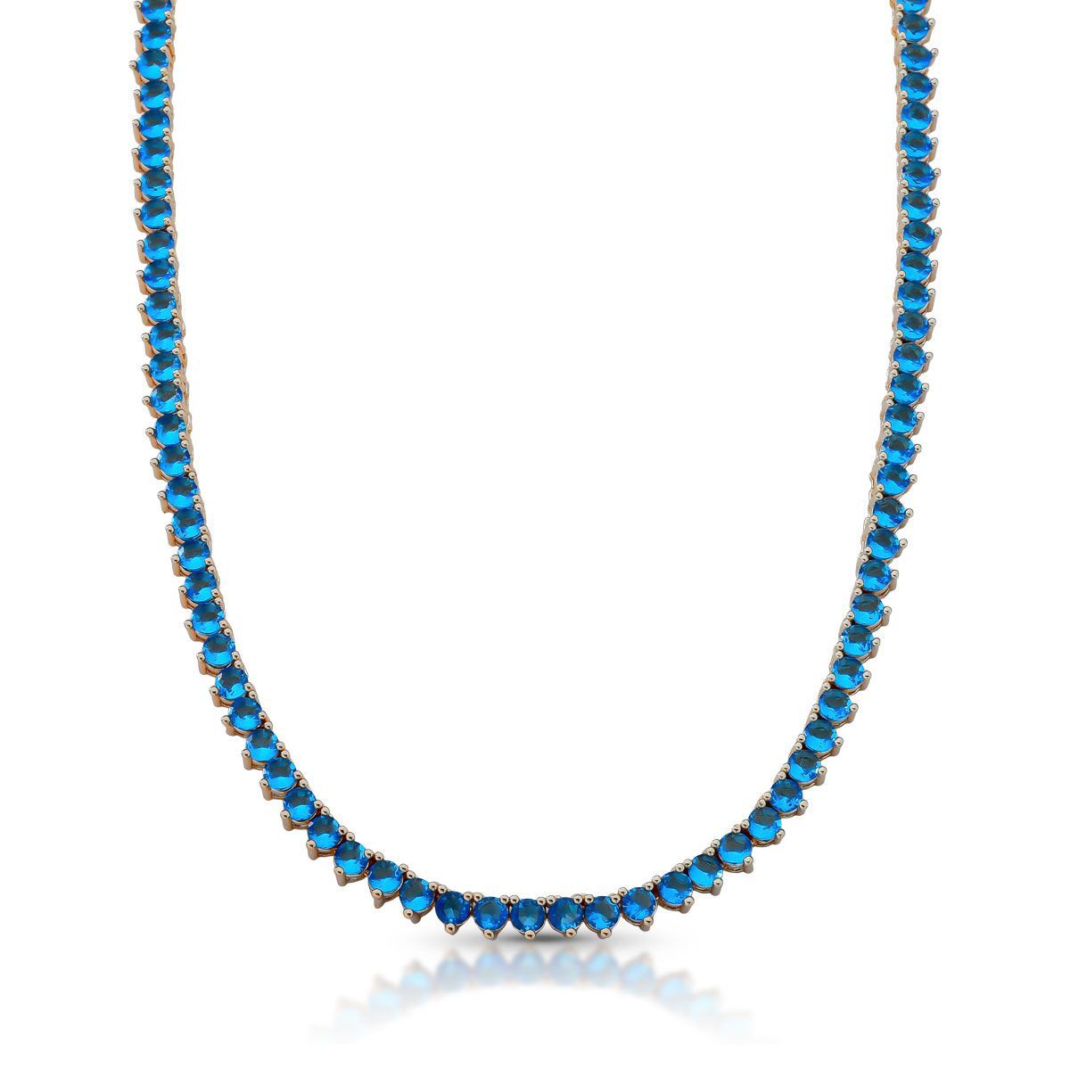 Colar Riviera Azul Safira  3mm Três Garras 43cm Banho Ouro 18k