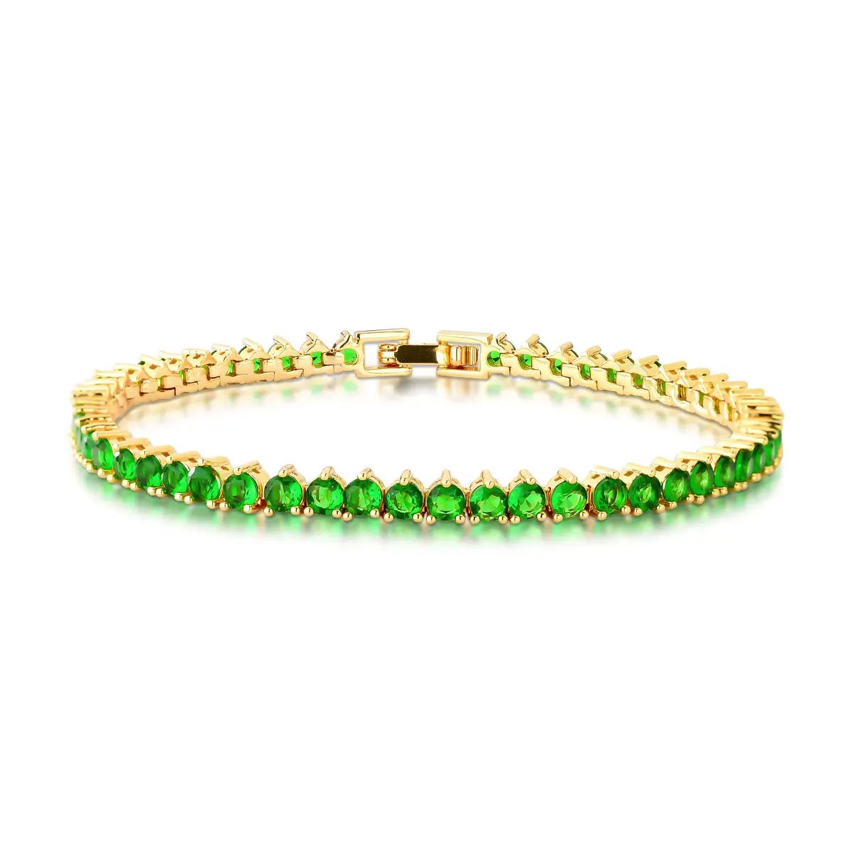 Pulseira Riviera 3mm Verde Três Garras Banho Ouro 18k