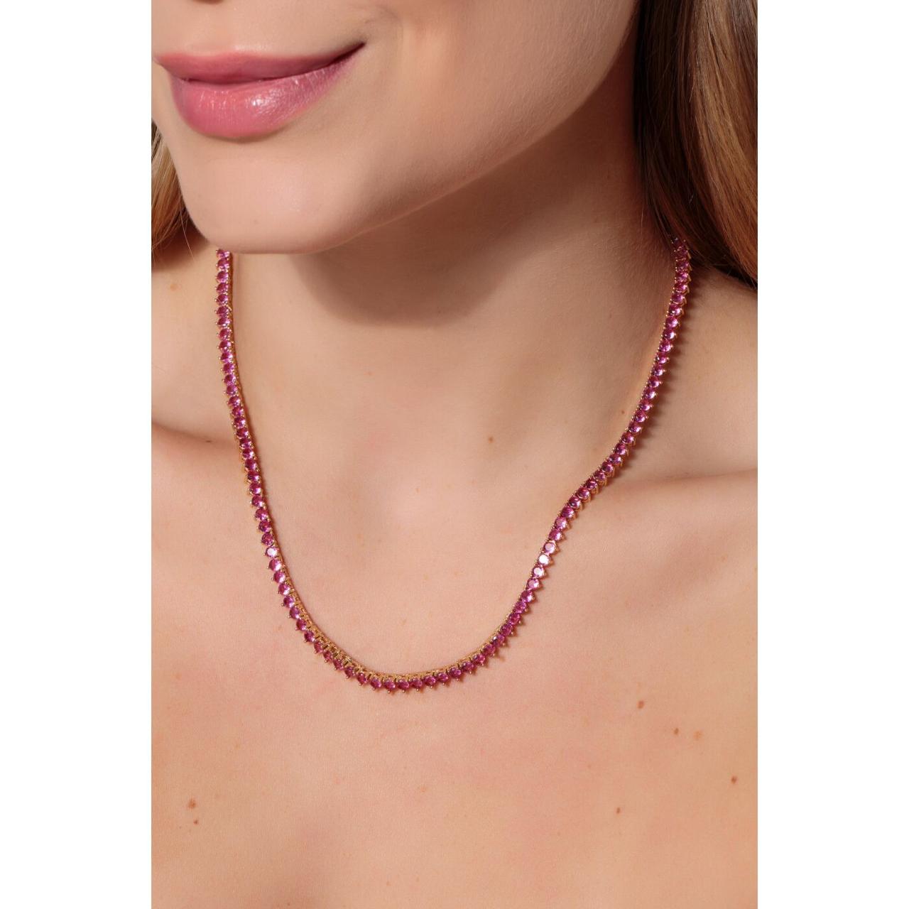 Colar Riviera Pink - 3mm Três Garras 43cm Banho Ouro 18k